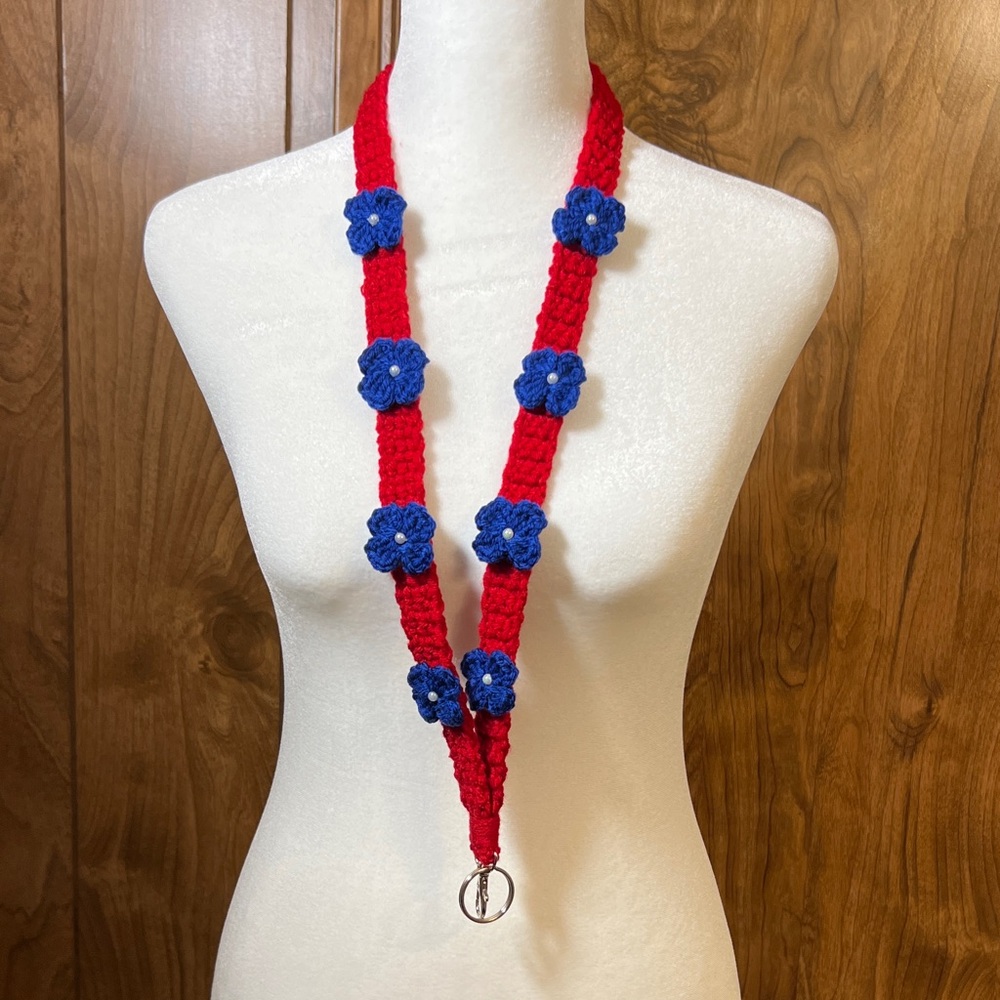 Red and Blue Floral Crochet Key Holder Necklace